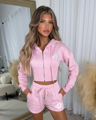 Scarlett Logo Design Cropped Hoodie & Short Set - Baby Pink