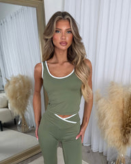 Lottie Contrast V Neck Top & Flared Leggings Activewear Set - Khaki