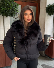 Vienne V-Neck Faux Fur  Trim Bomber Coat - Black