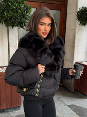 Vienne V-Neck Faux Fur  Trim Bomber Coat - Black