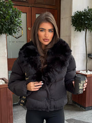 Vienne V-Neck Faux Fur  Trim Bomber Coat - Black