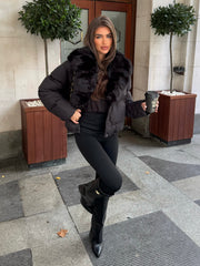 Vienne V-Neck Faux Fur  Trim Bomber Coat - Black