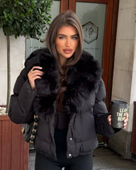 Vienne V-Neck Faux Fur  Trim Bomber Coat - Black