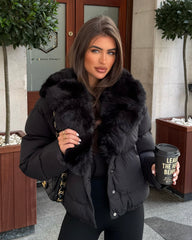 Vienne V-Neck Faux Fur  Trim Bomber Coat - Black