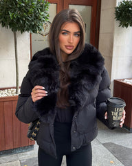 Vienne V-Neck Faux Fur  Trim Bomber Coat - Black