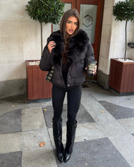 Vienne V-Neck Faux Fur  Trim Bomber Coat - Black