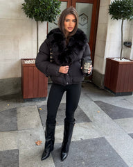 Vienne V-Neck Faux Fur  Trim Bomber Coat - Black