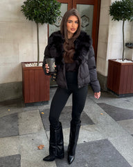 Vienne V-Neck Faux Fur  Trim Bomber Coat - Black
