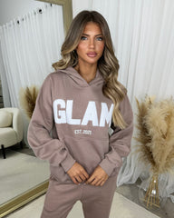 Millie 'GLAM' BOLD EMOBROIDERY Front Logo Print Hoodie - Mocha