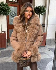 Roma Hooded Coat with Faux Fur Front & Cuffs- Camel