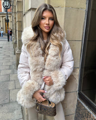 Roma Hooded Coat with Faux Fur Front & Cuffs- Beige